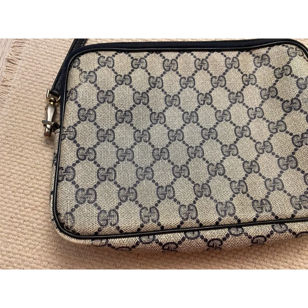 Gucci Vintage GG Supreme Coated Canvas Leather Bag Navy Blue Monogram
